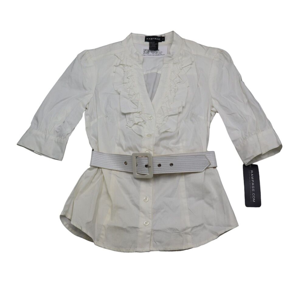 Rampage Shirt Womens S White Quarter Sleeve Belted Button V Neck Ruffle Blouse